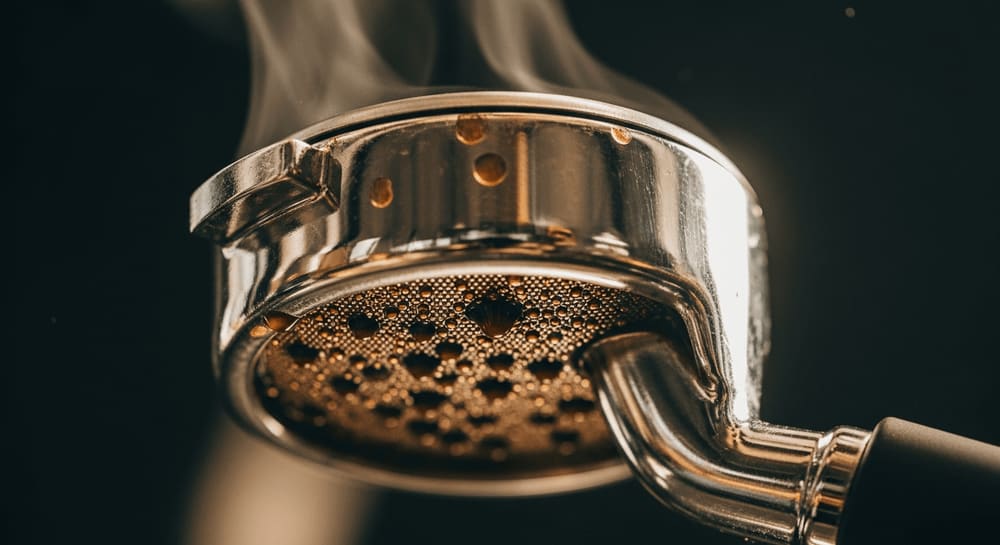 Pre-Infusion beim Espresso: Erste Kaffeetropfen bilden sich langsam am Siebträger der Espressomaschine.