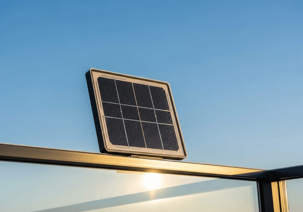 Balkonkraftwerk mit leichtem Frost in der strahlenden Wintersonne zur Optimierung für maximalen Solar-Ertrag im Winter.
