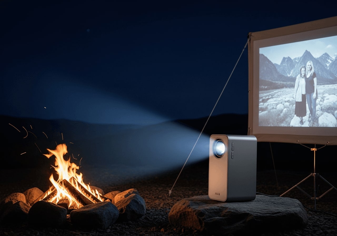 Xgimi Halo+ portabler Beamer im Test: Helle Filmprojektion auf eine mobile Leinwand neben einem Lagerfeuer in der Nacht.