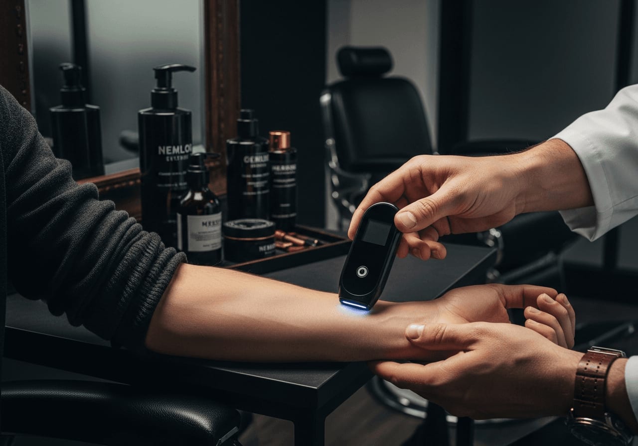 Dermatologe bestimmt den Fitzpatrick-Hauttyp am Unterarm mit einem digitalen Hautton-Sensor für die Laser-Haarentfernung.