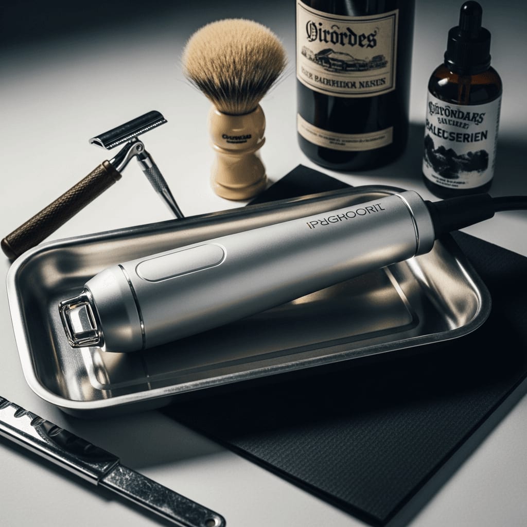 Professionelles Nd:YAG-Laser-Handstück für dunkle Hauttypen auf einem Metalltablett im Studio.