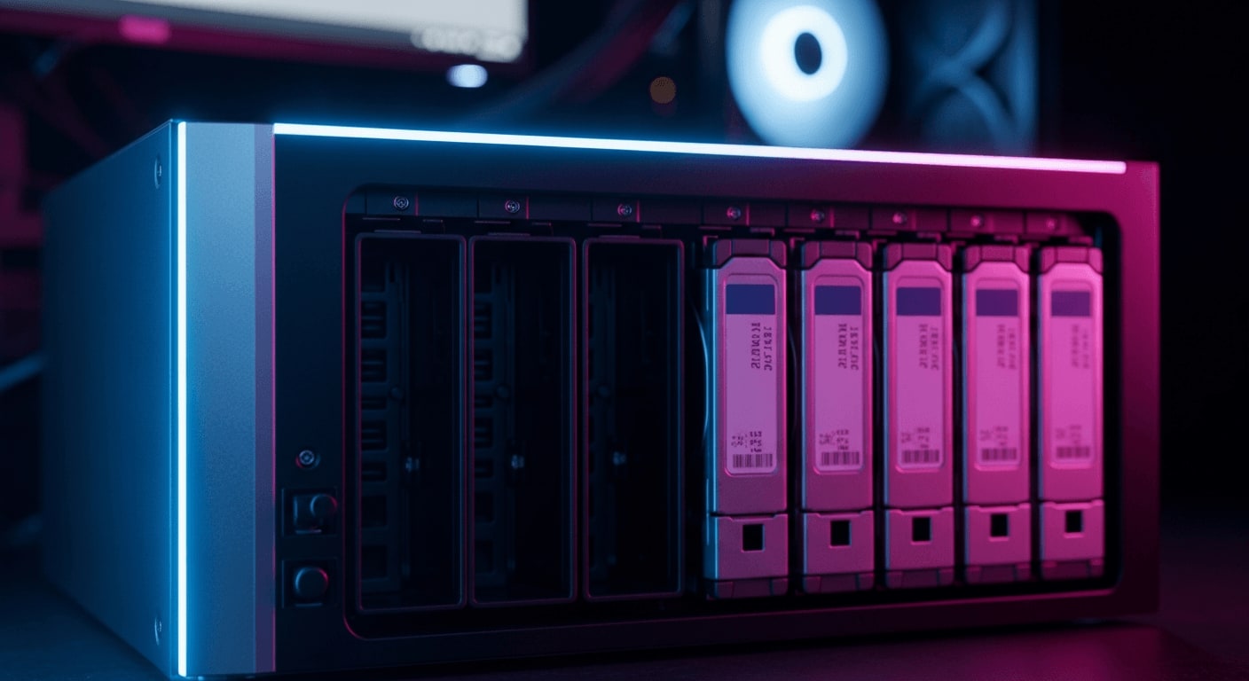 Nahaufnahme von NAS-Festplatteneinschüben im Home-Office-Setup für Docker-Container.