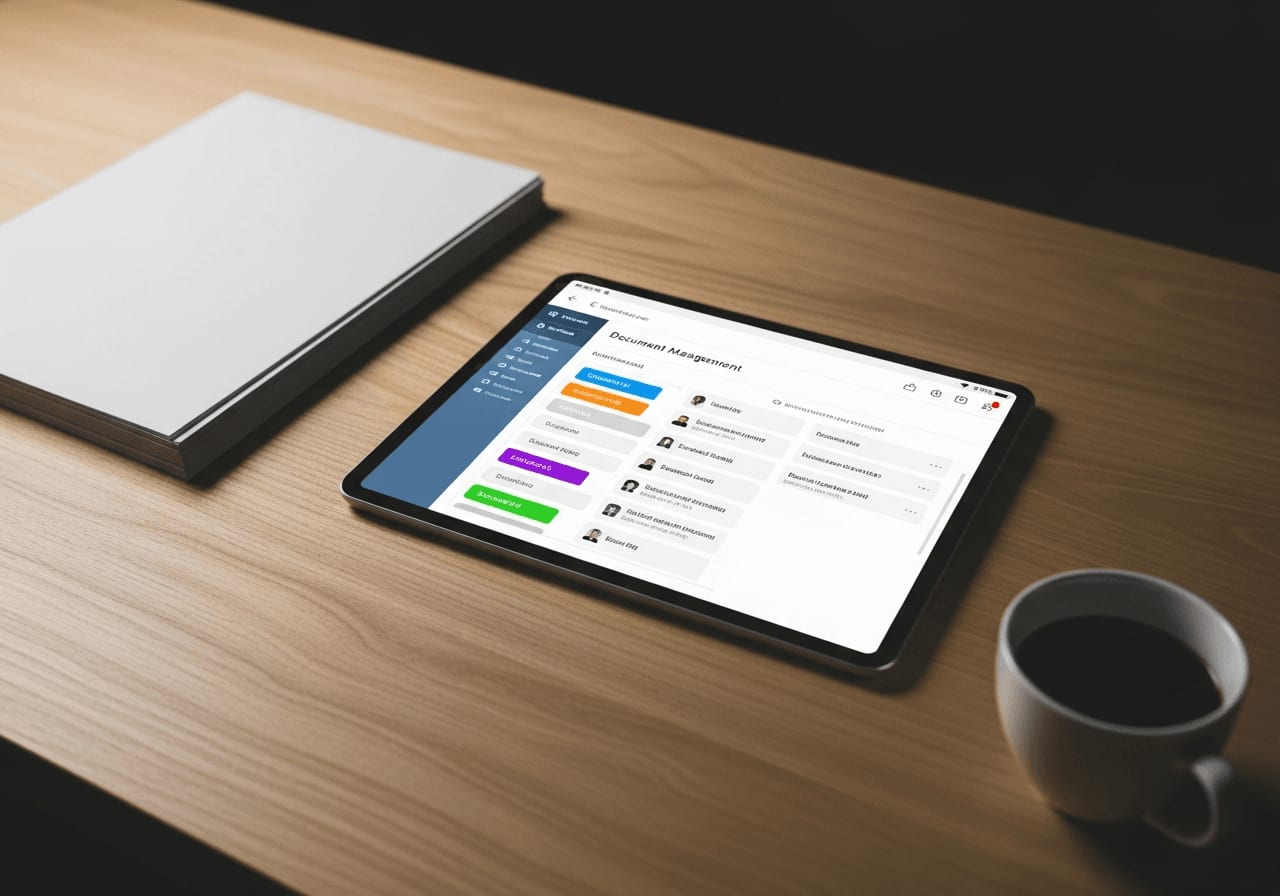 Tablet zeigt digitales Dokumentenmanagement mit Paperless-ngx auf dem Schreibtisch.
