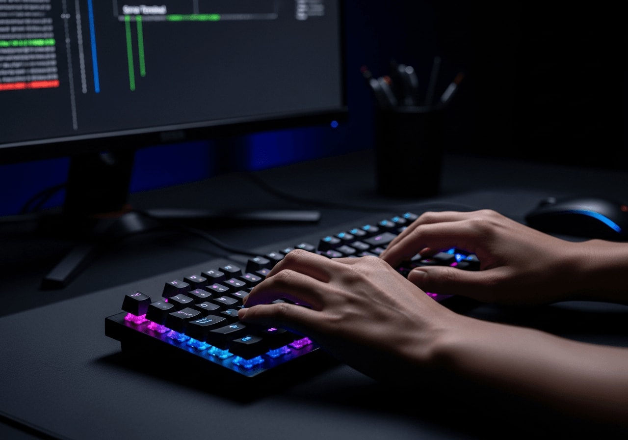 Hände tippen auf mechanischer Tastatur zur Konfiguration der Docker-Container.