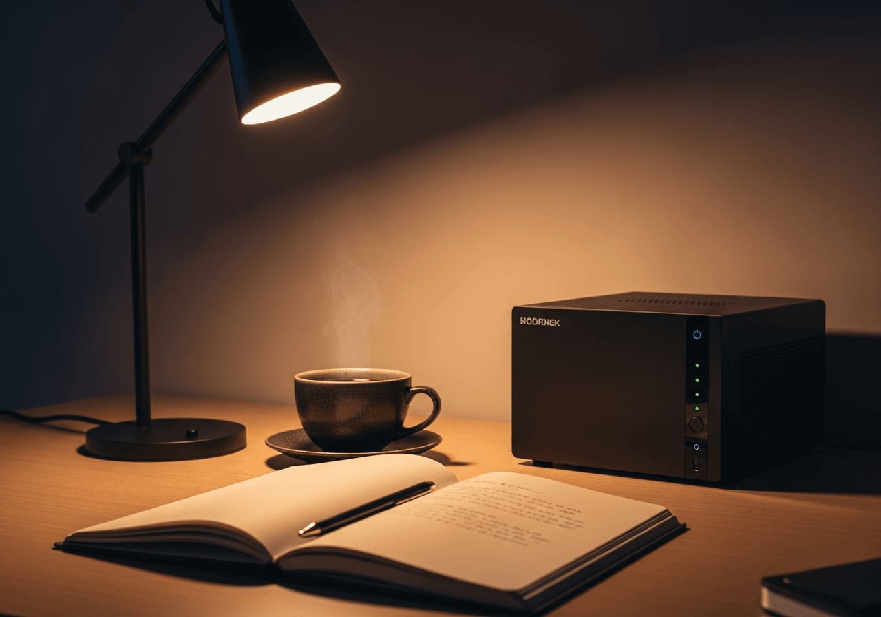 Kompaktes NAS-System auf einem minimalistischen Schreibtisch im Home-Office.