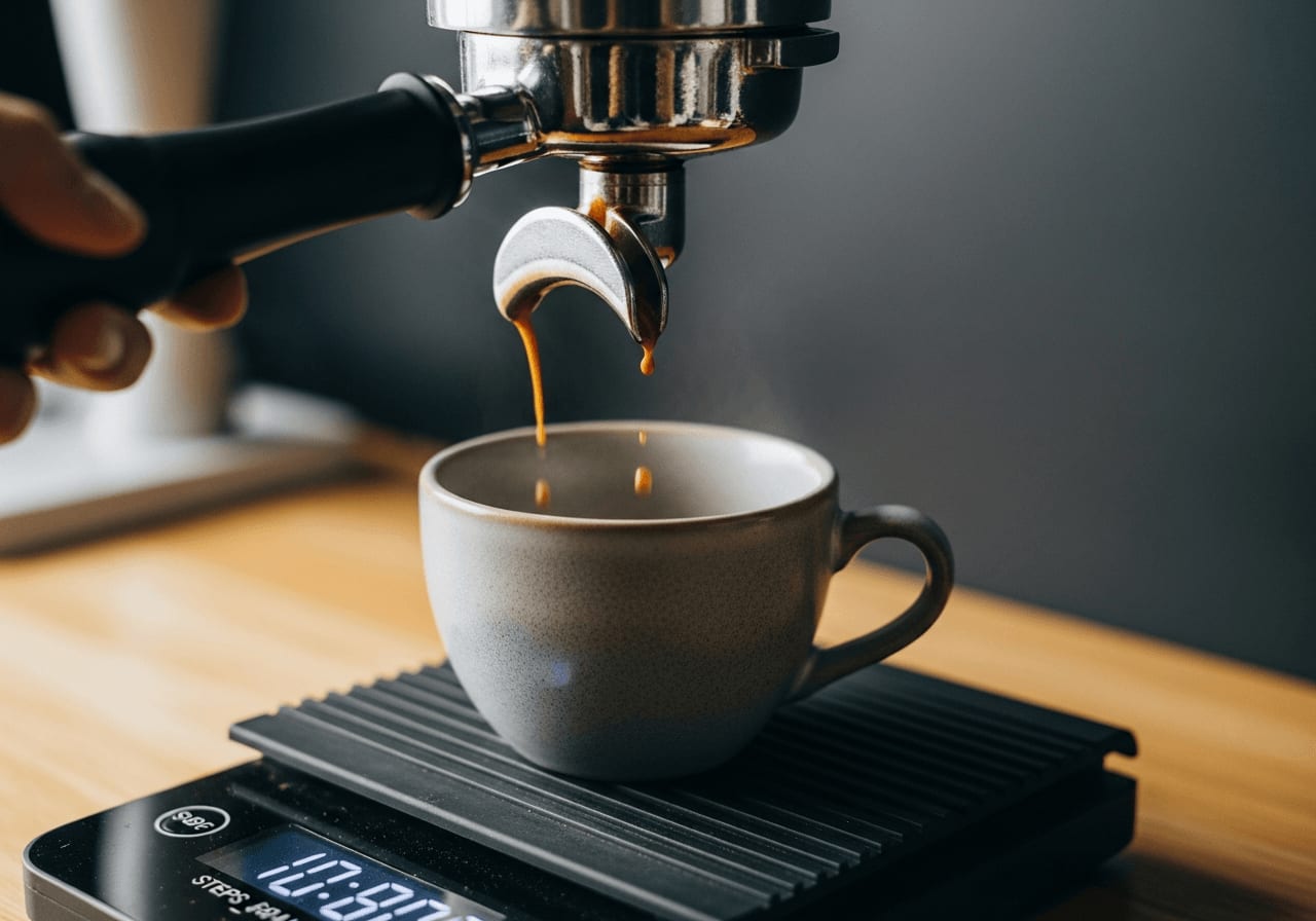 Espresso Ratio Guide: Frischer Espresso läuft aus einem bodenlosen Siebträger in eine Tasse auf einer digitalen Kaffeewaage.