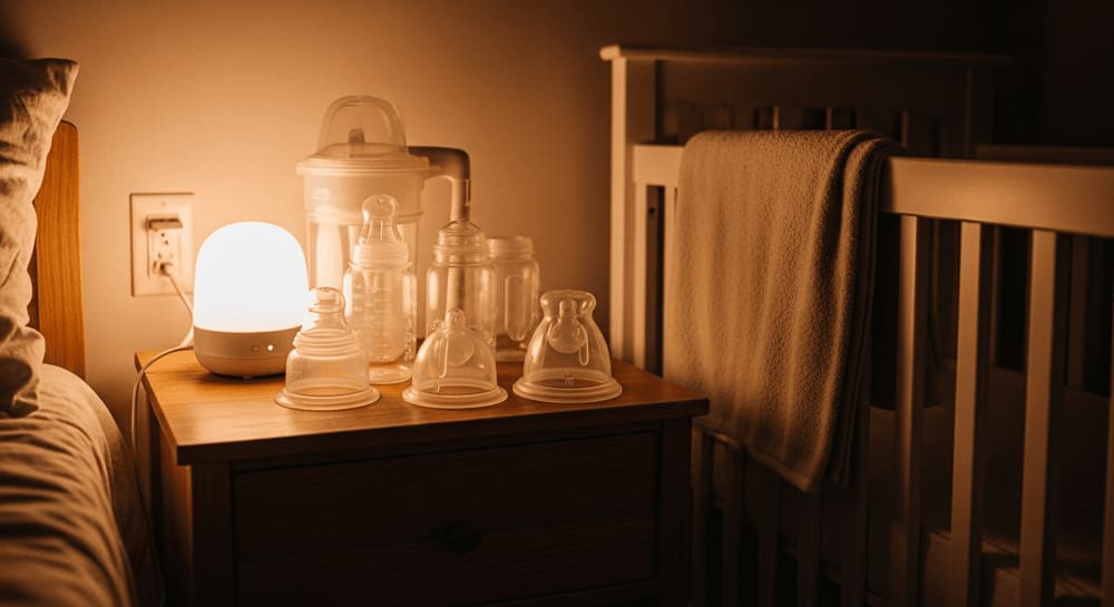 Ursachen wenn die Milchpumpe nicht saugt: Moderner Pumpenmotor mit leeren Flaschen auf einem Nachttisch im warm beleuchteten Schlafzimmer.