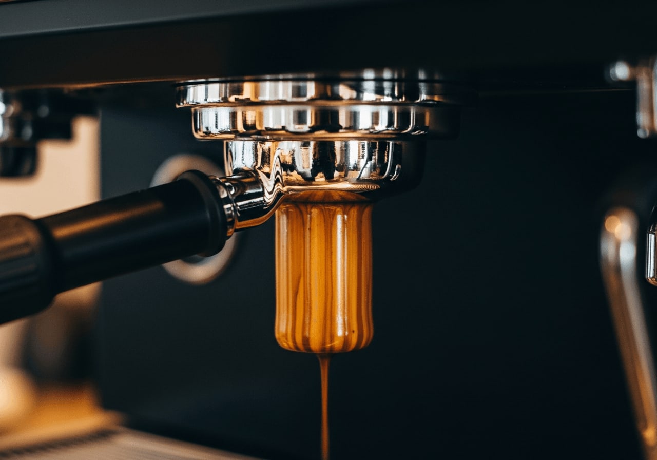 Bodenloser Siebträger bei der Espresso-Extraktion mit Tiger-Crema als fortgeschrittenes Kaffeemaschinen-Zubehör für Einsteiger