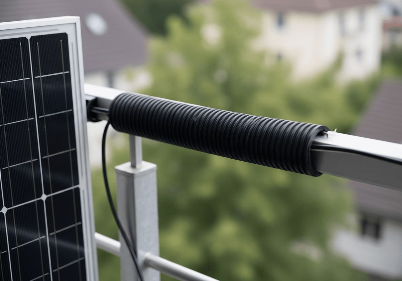Schwarzes UV-beständiges Wellrohr als effektiver Schutz vor Mardern für das Kabel am Balkonkraftwerk