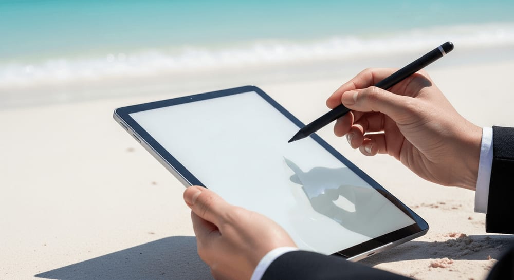 Augenfreundliches Arbeiten am Strand mit einem E-Ink Tablet im hellen Sonnenlicht ohne Spiegelungen