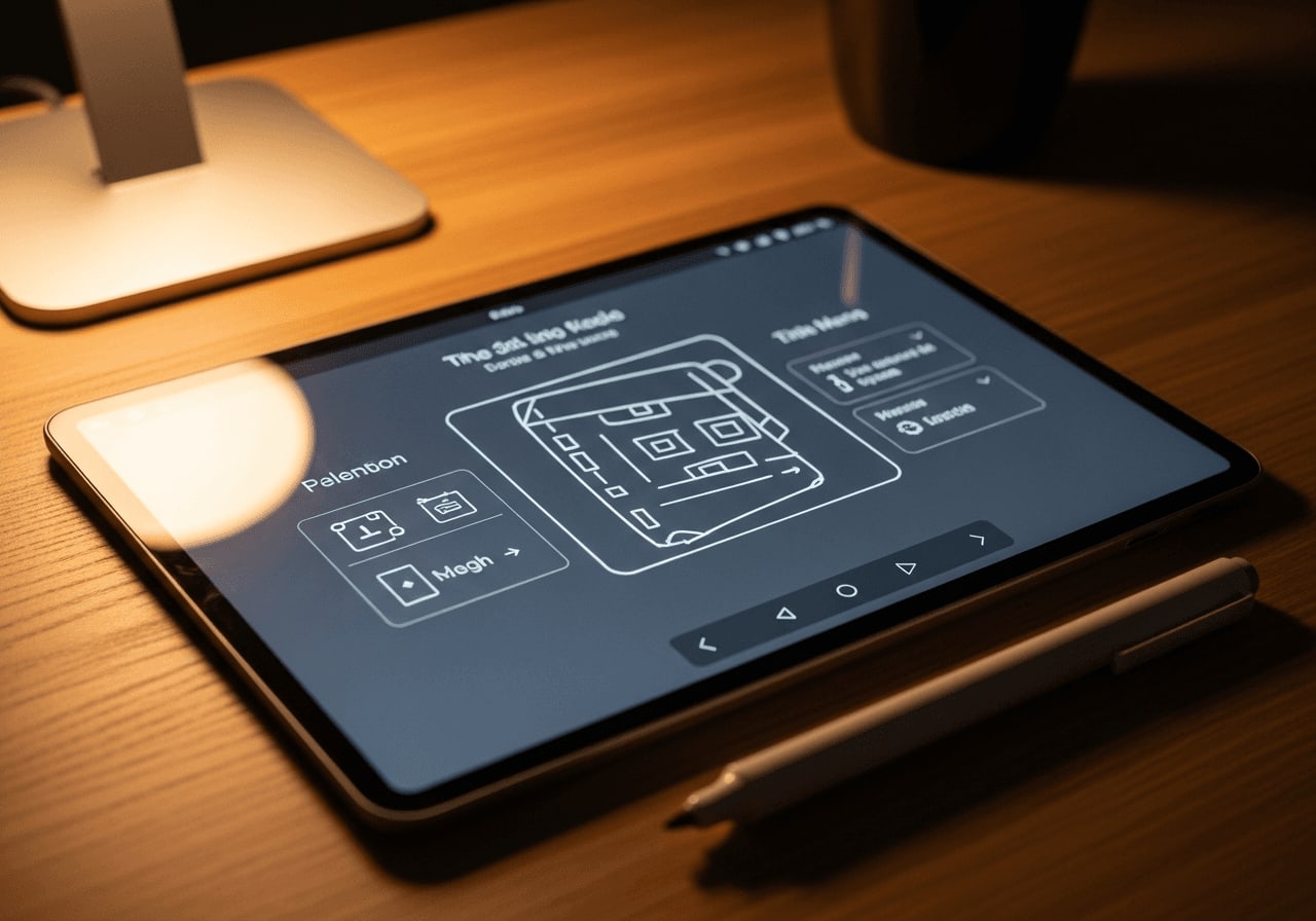 Geschlossenes E-Ink System mit minimalistischem Design und Stylus auf einem Holzschreibtisch
