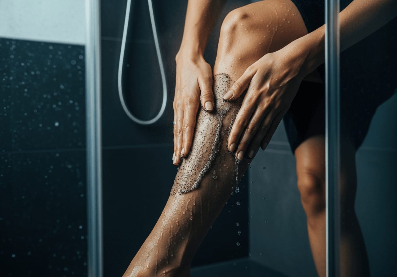 Vorbereitung auf das Epilieren: Ein Körperpeeling wird unter der Dusche auf das nasse Bein aufgetragen.
