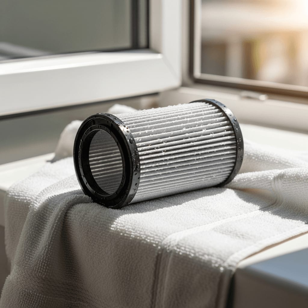 Nach der nassen Filterreinigung beim Staubsauger: Der saubere Filter trocknet auf einem Handtuch am offenen Fenster.