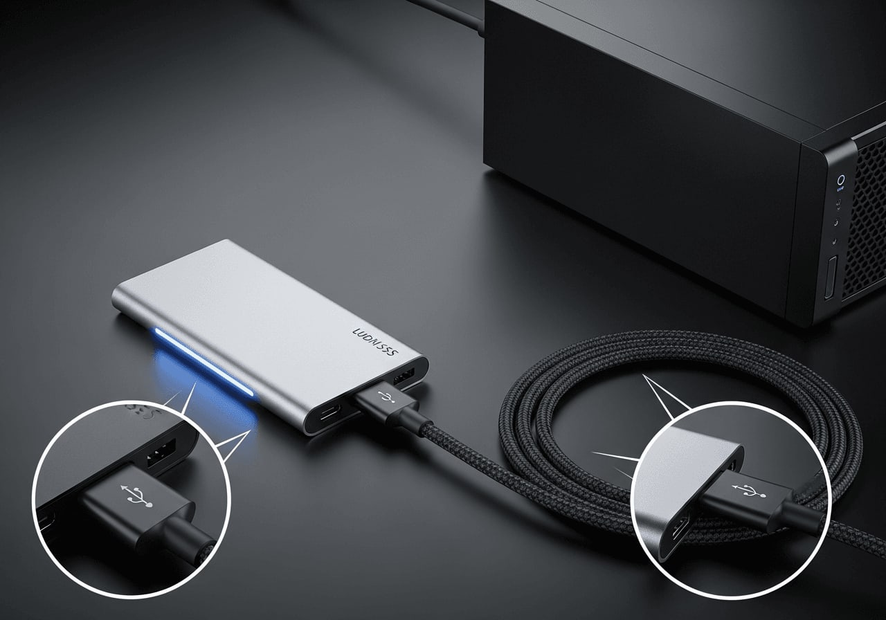 Lokales Backup für die NAS Backup 3-2-1 Regel: Externe Festplatte per USB-C an ein Netzwerkspeicher-Gerät angeschlossen.