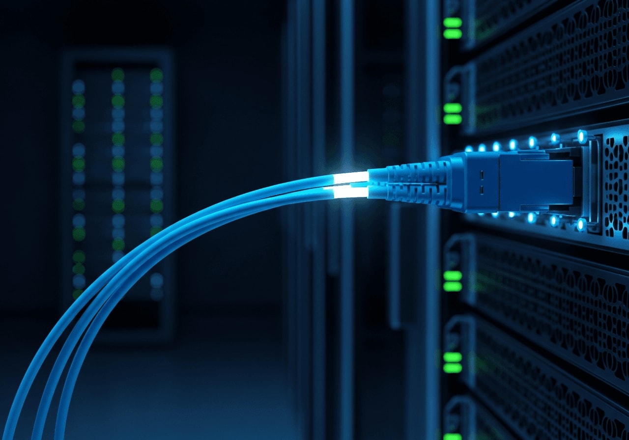 Offsite-Sicherung als Teil der NAS Backup 3-2-1 Regel: Leuchtende Glasfaserkabel symbolisieren die Datenübertragung.