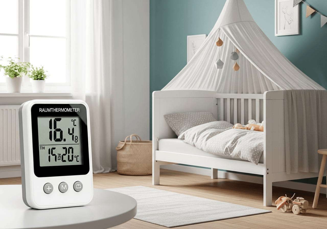 Digitales Raumthermometer neben verdunkelnden Vorhängen im Kinderzimmer zur optimalen Temperaturkontrolle für das Durchschlafen.