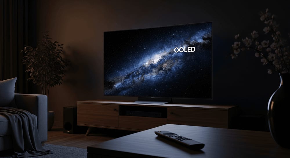 Perfekte Smart TV Kalibrierung: Ultradünner OLED-TV zeigt kontrastreiche Weltraumszene in dunklem Raum