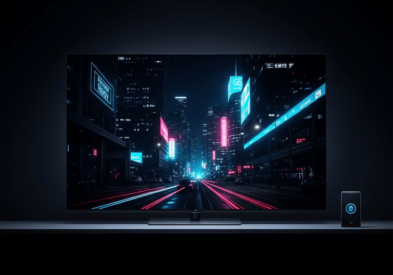 Ein perfekt kalibrierter OLED-TV zeigt eine kontrastreiche nächtliche Stadtszene in dunklem Raum