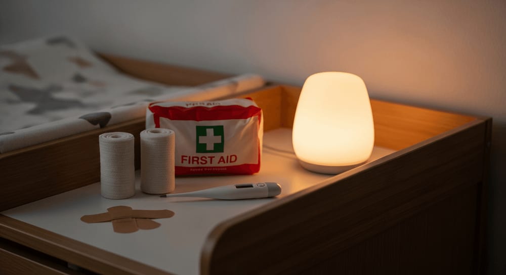 Notfallapotheke mit Verbandszeug und Fieberthermometer auf einem hölzernen Wickeltisch im abendlichen Kinderzimmer