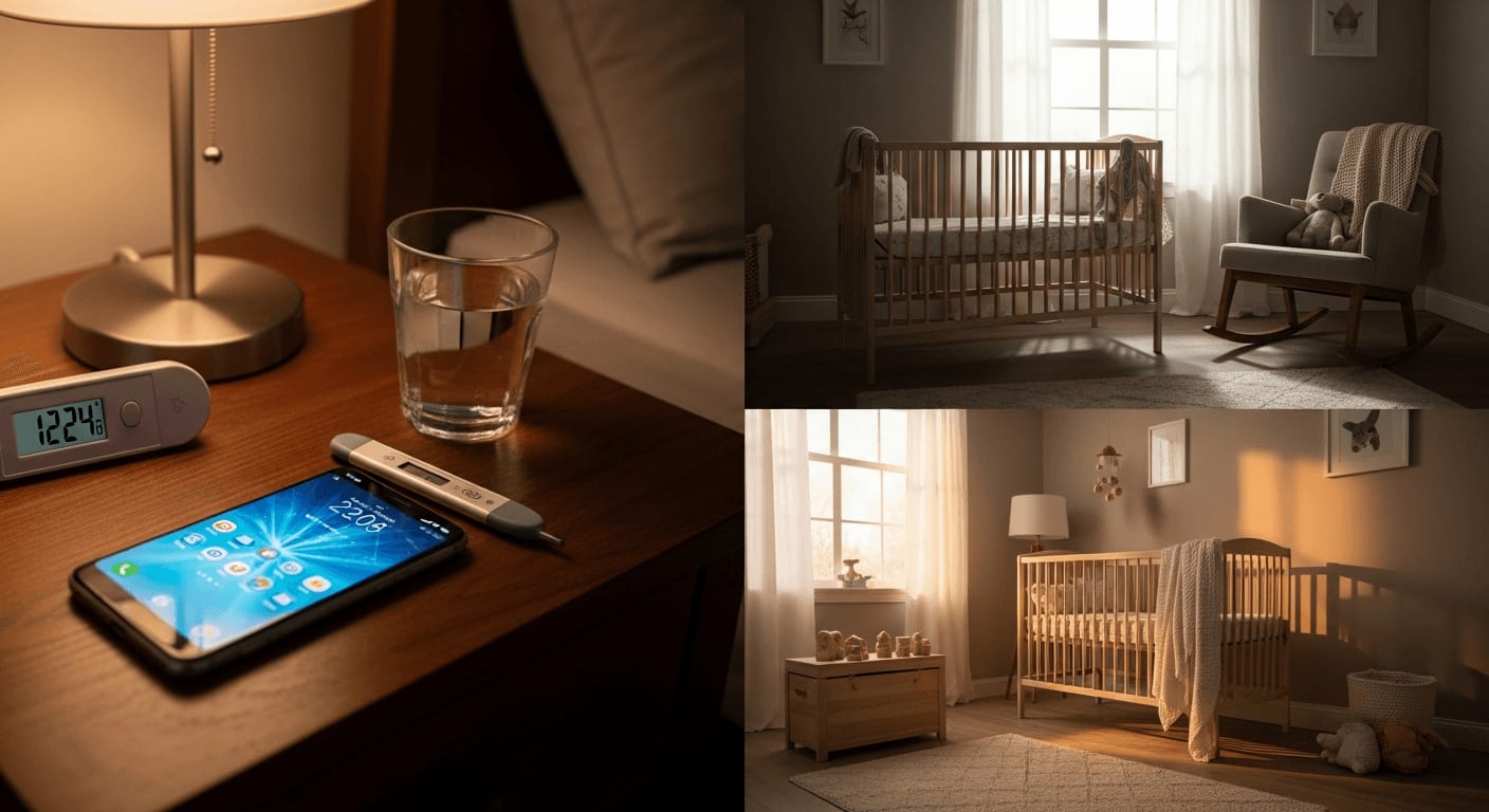 Leuchtendes Smartphone neben einem digitalen Fieberthermometer auf einem dunklen Nachttisch für den schnellen Notruf