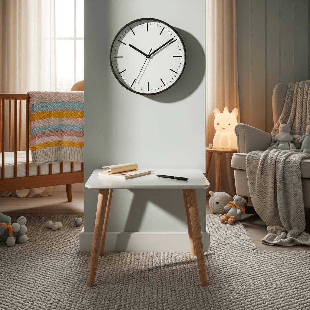 Analoge Wanduhr und Notizblock auf einem Holztisch zur Überwachung der wichtigen 48 Stunden nach einem Sturz