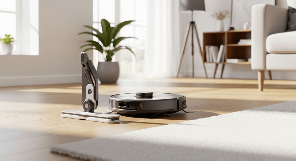 Richtiges Einrichten eines Wischroboters im modernen Wohnzimmer auf Hartholzboden