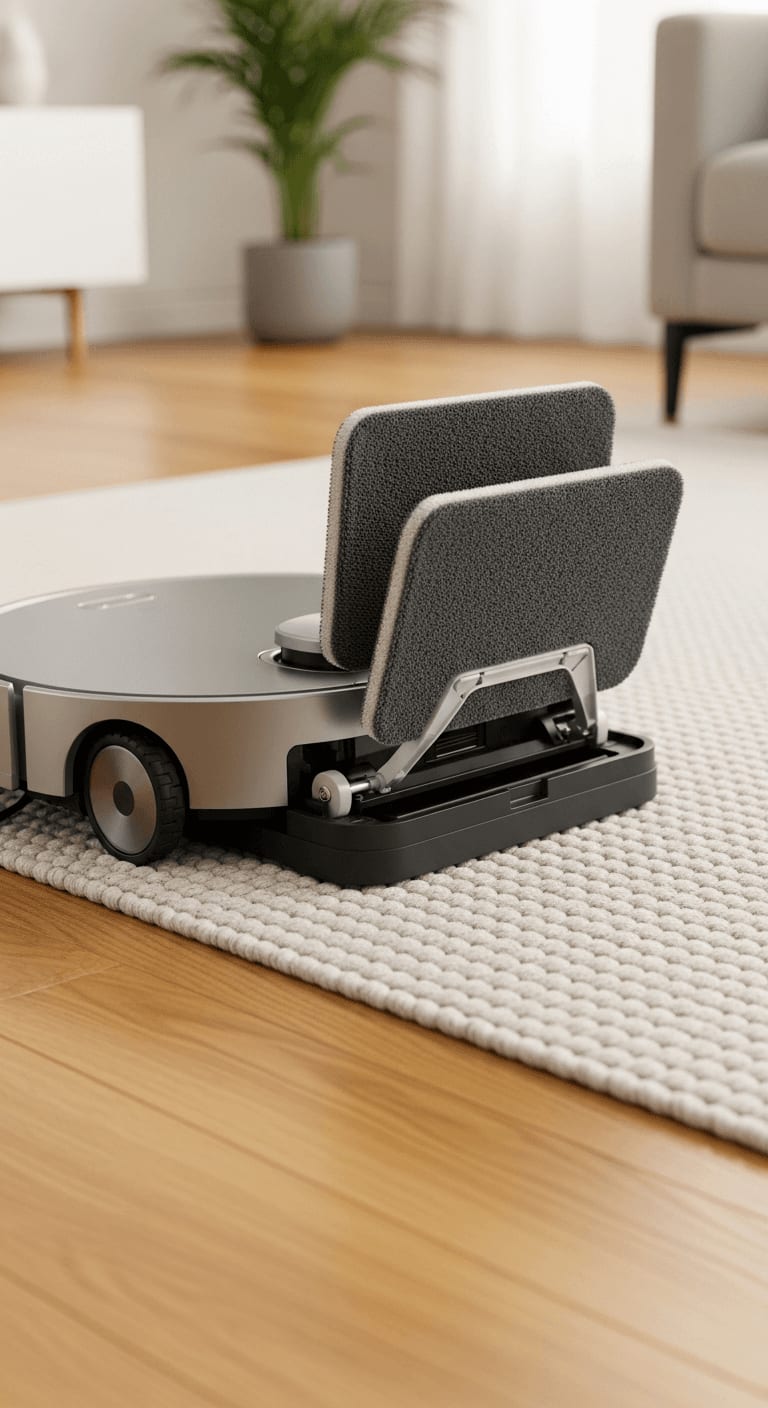 Wischroboter hebt das Mopp-Pad beim Übergang vom Holzboden auf den Teppich automatisch an