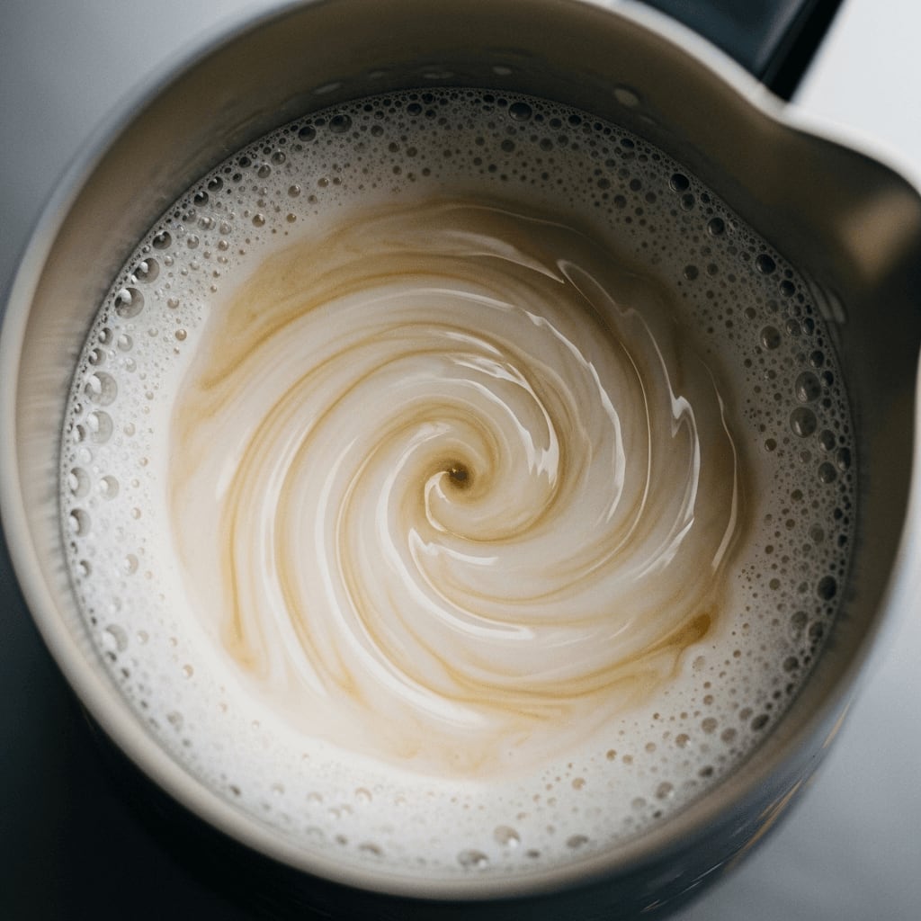Strudel in der Milchkanne während der Rollphase zur Erzeugung einer seidigen Mikroschaum-Textur.