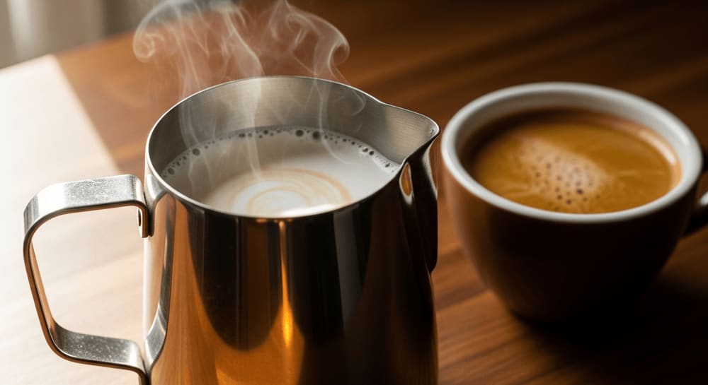 Glänzender Schaum für Latte Art mit Hafermilch in einem Milchkännchen neben einem frischen Espresso auf der Bar