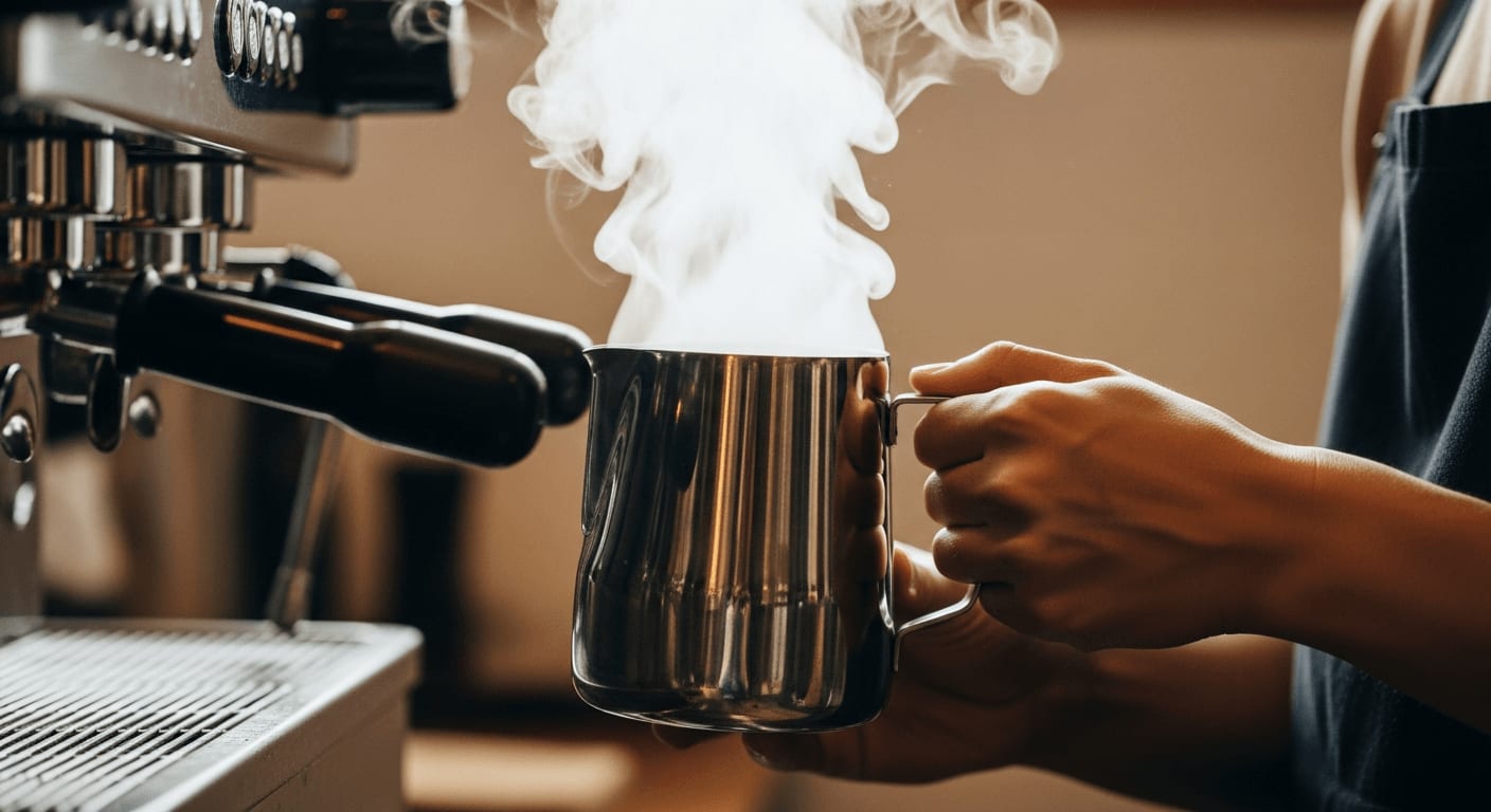 Barista schäumt Hafermilch mit der Dampflanze einer Siebträgermaschine für perfekte Latte Art auf