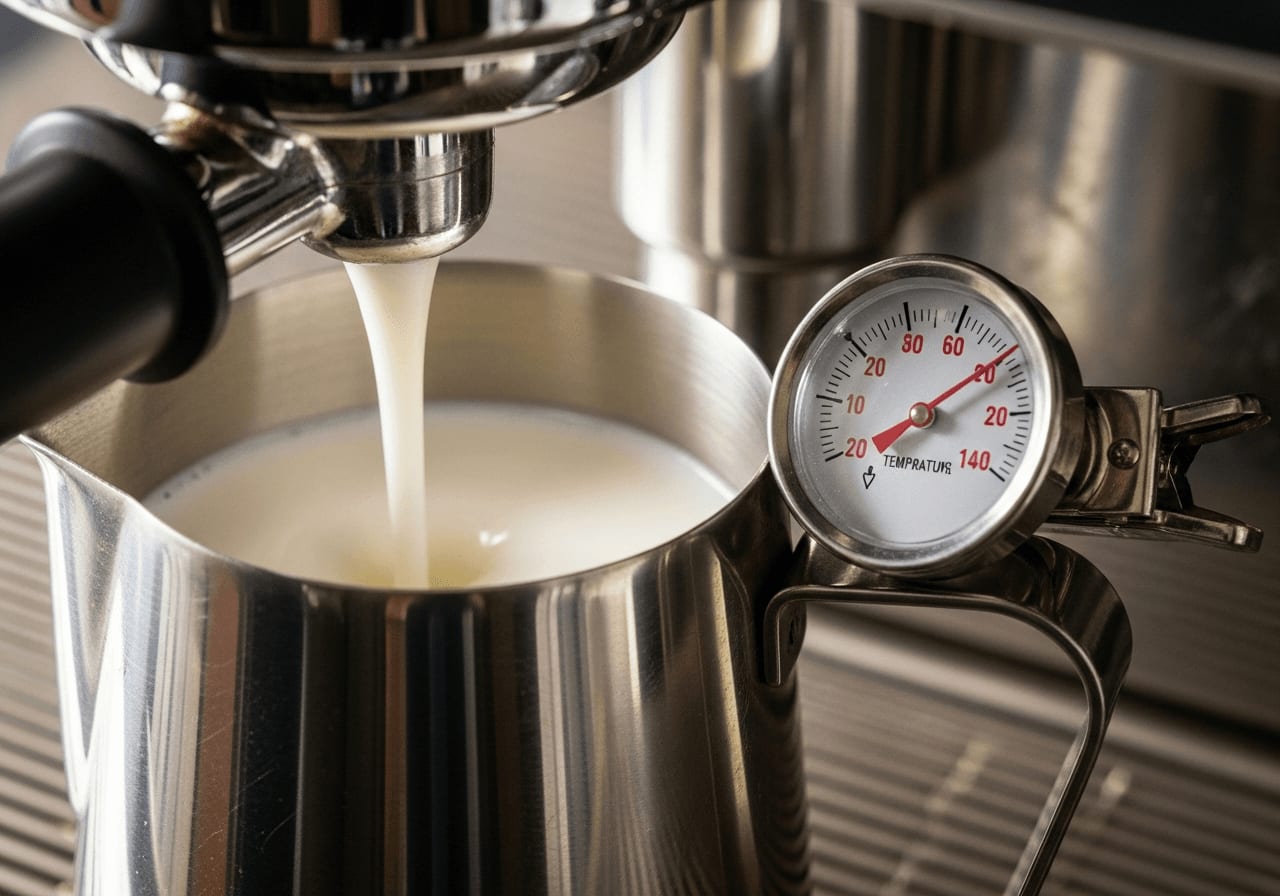 Milchkännchen mit Thermometer beim Aufschäumen von pflanzlicher Milch zur Temperaturkontrolle unter 60 Grad