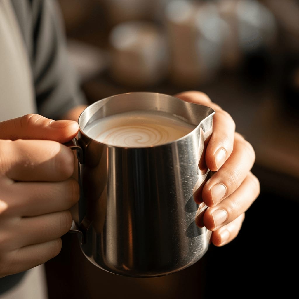 Schwenken des Milchkännchens für eine glänzende und homogene Textur der Barista-Hafermilch vor dem Gießen