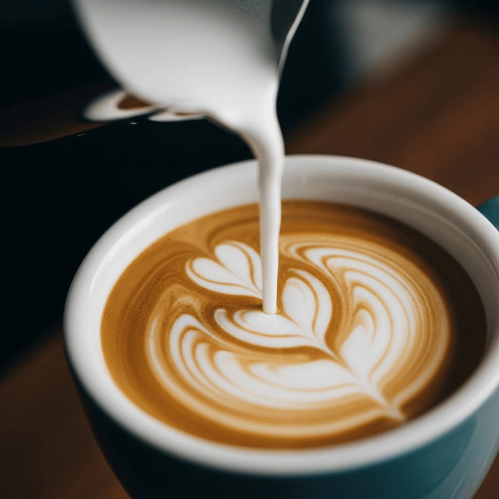 Eingießen der perfekt geschäumten Hafermilch in den Espresso zur Kreation eines Latte Art Tulpen-Musters