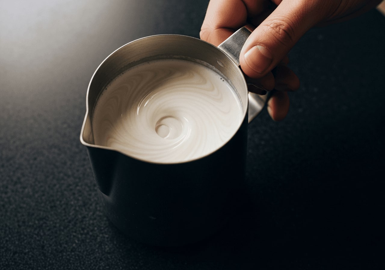 Barista schwenkt das Milchkännchen auf der Arbeitsfläche, um die Hafermilch für Latte Art homogen und glänzend zu halten