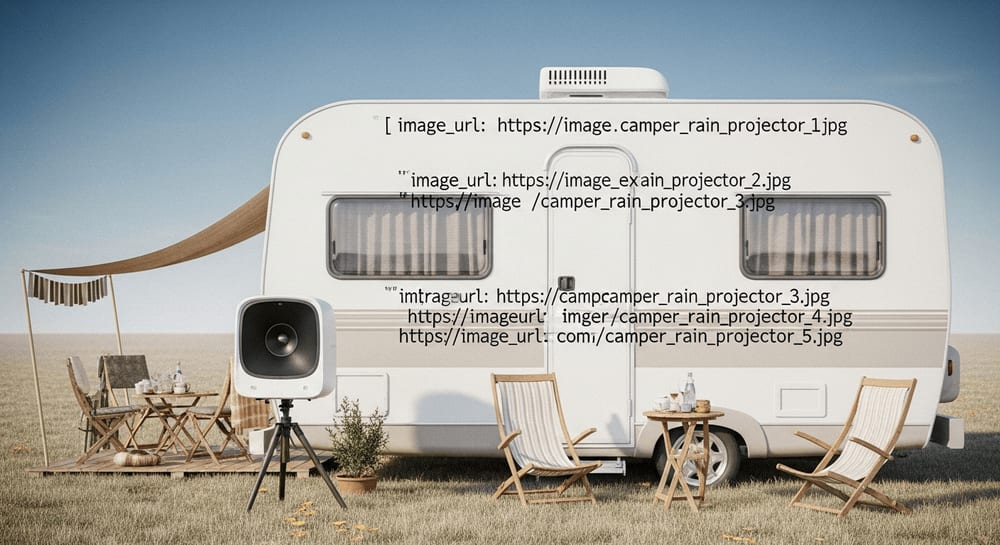 Portabler Beamer im Vanlife für einen gemütlichen Kinoabend im Camper bei Regen mit Decken und Kissen.
