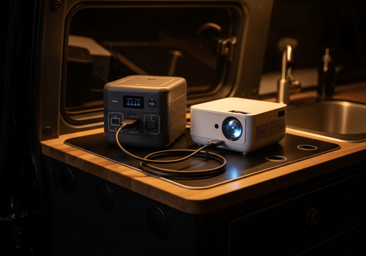 Tragbare Powerstation und Mini-Beamer über USB-C Kabel auf einer Holzarbeitsplatte im Camper verbunden.
