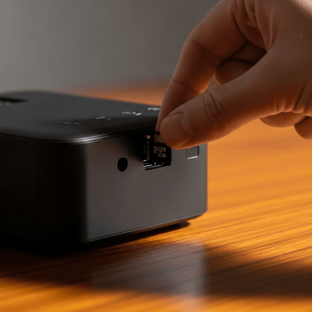 Hand schiebt eine microSD-Karte in den Speicherkartenslot eines portablen Beamers für Offline-Filme.