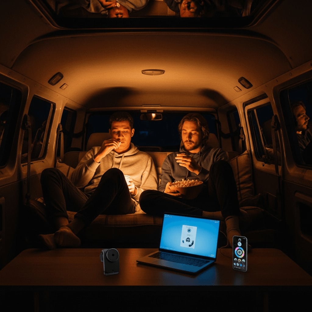 Paar im Camper isst Popcorn beim Kinoabend fernab der Zivilisation, beleuchtet vom Licht des Beamers.
