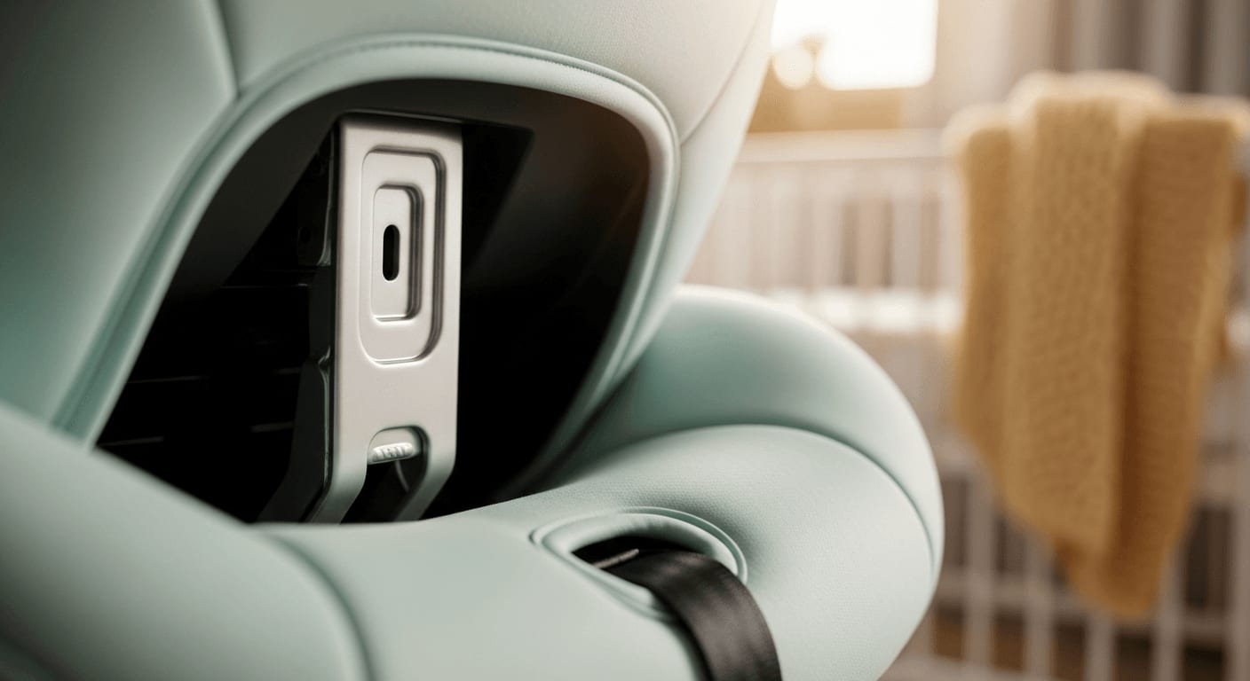 Verborgene ISOFIX-Metallbügel im Spalt zwischen Rückenlehne und Sitzpolster eines modernen Autos für den ISOFIX Einbau.