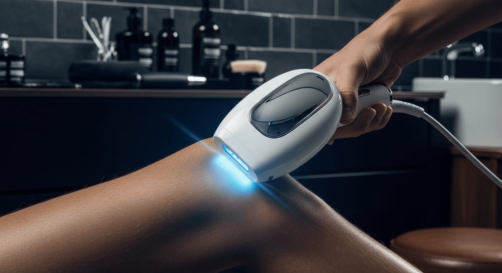 Neue IPL-Geräte 2026 im Einsatz: Ein High-Tech-Haarentferner mit Echtzeit-Sensoren und Saphir-Kühlung gleitet über ein Bein.