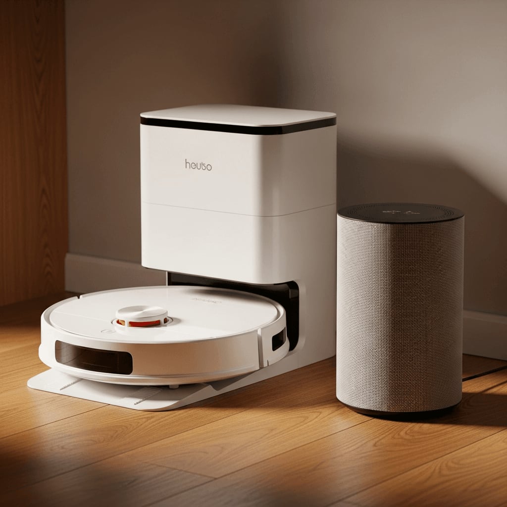 Vernetzte Saug-Wisch-Kombis 2026: Ein Saugroboter auf seiner Ladestation neben einem Smart-Speaker im Wohnzimmer