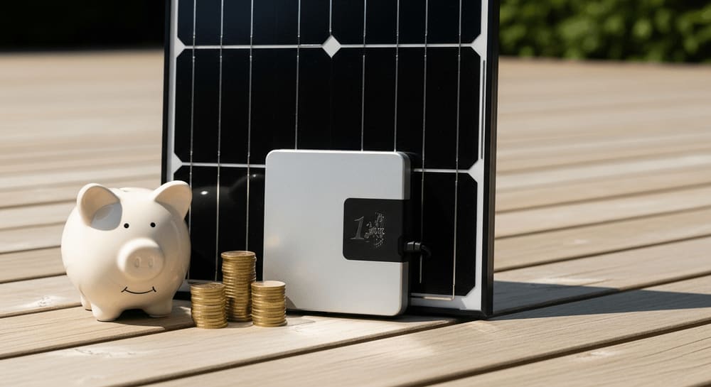 Sparschwein und Geldmünzen neben einem Solarmodul als Symbol für Förderungen und Zuschüsse 2026 für Balkonkraftwerke.