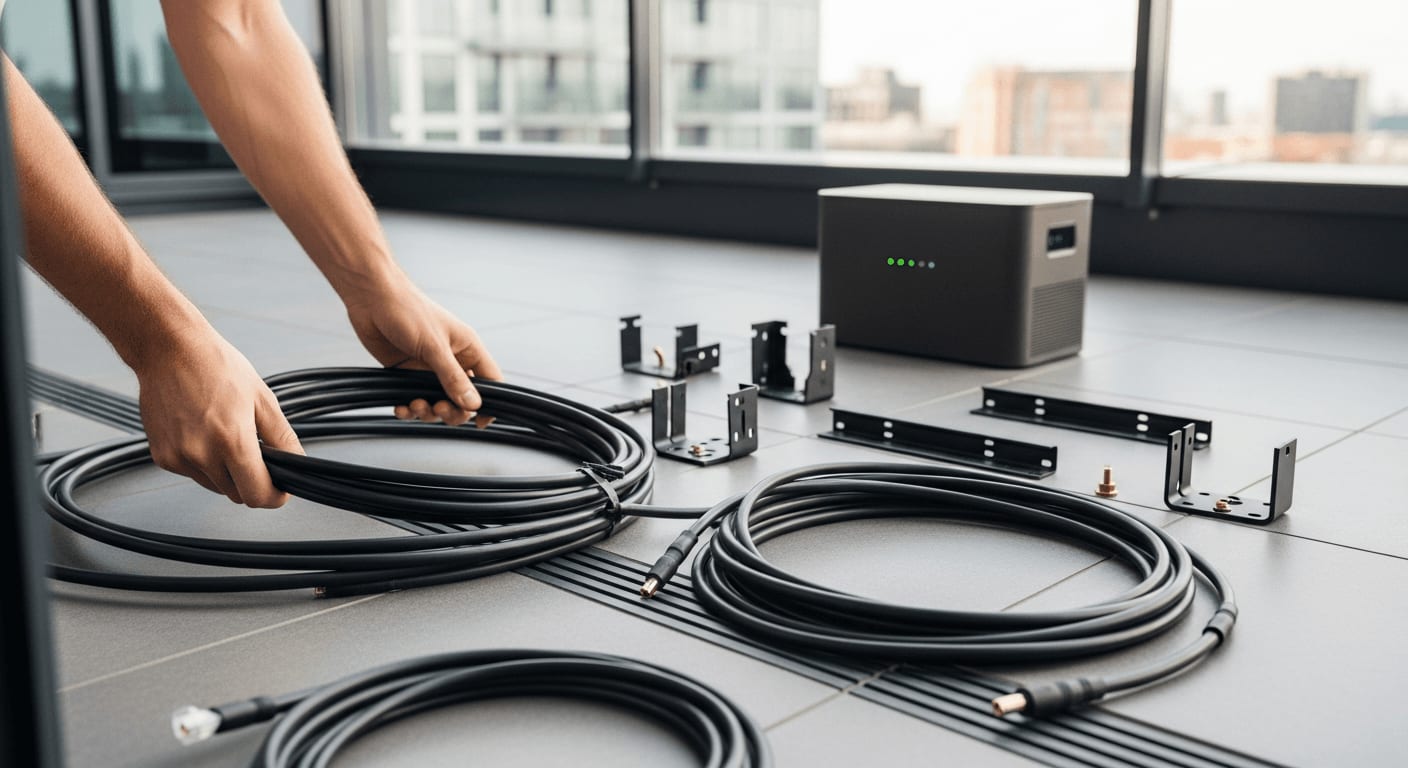 Hochwertiges Befestigungsmaterial, Solarkabel und ein kleiner Speicher für ein sicheres Balkonkraftwerk Setup.