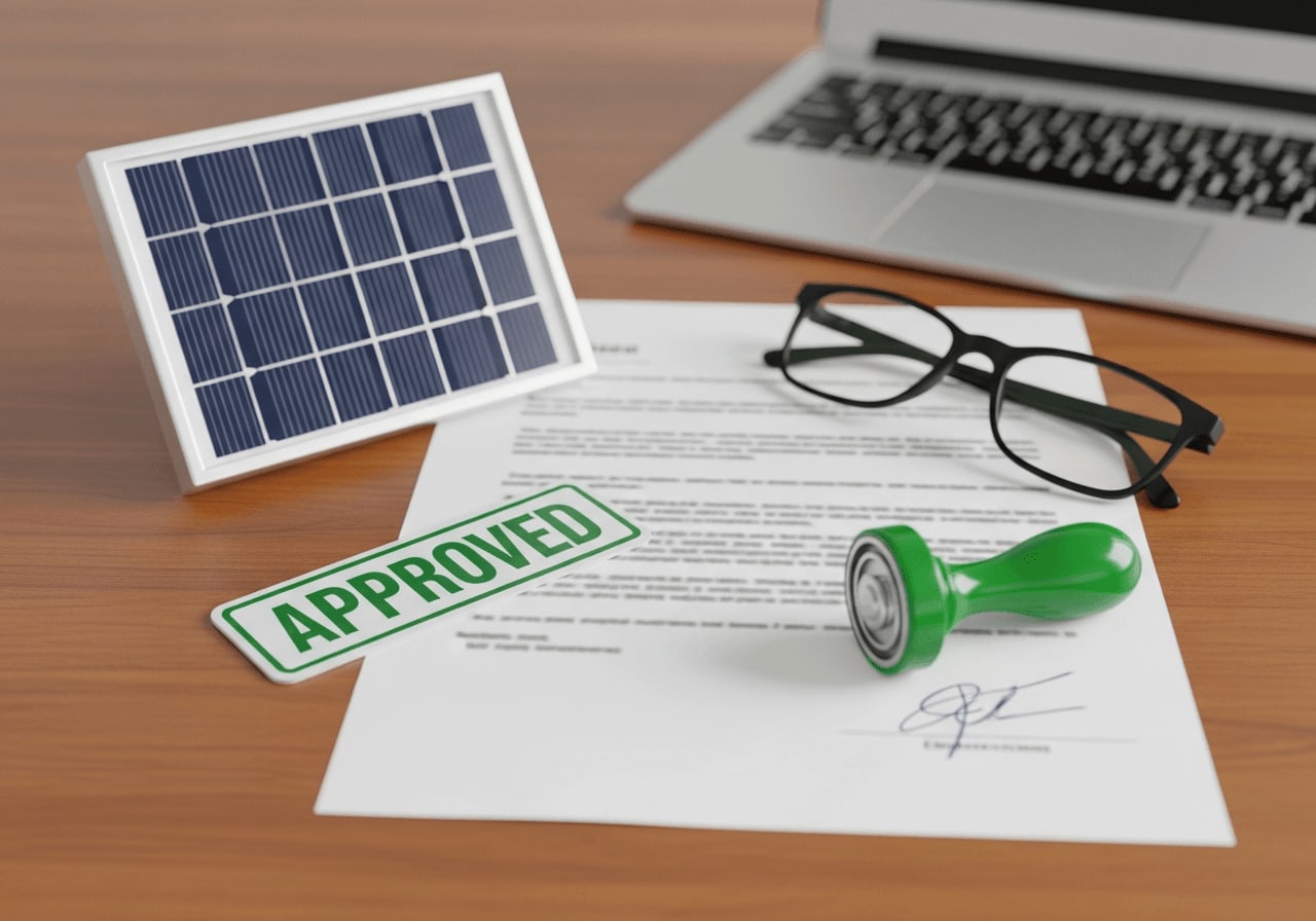 Offizielle Dokumente mit grünem Stempel neben einem Mini-Solarmodul zur Beantragung kommunaler Förderungen.