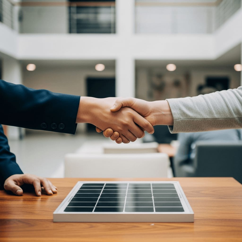 Handschlag über einem Solarmodul als Symbol für die Zusammenarbeit mit lokalen Bürgerenergie-Genossenschaften.