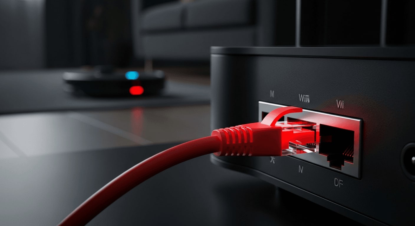 Gehackter Saugroboter im Hintergrund eines WLAN-Routers mit rot leuchtendem Kabel als Warnung zur Router Sicherheit.