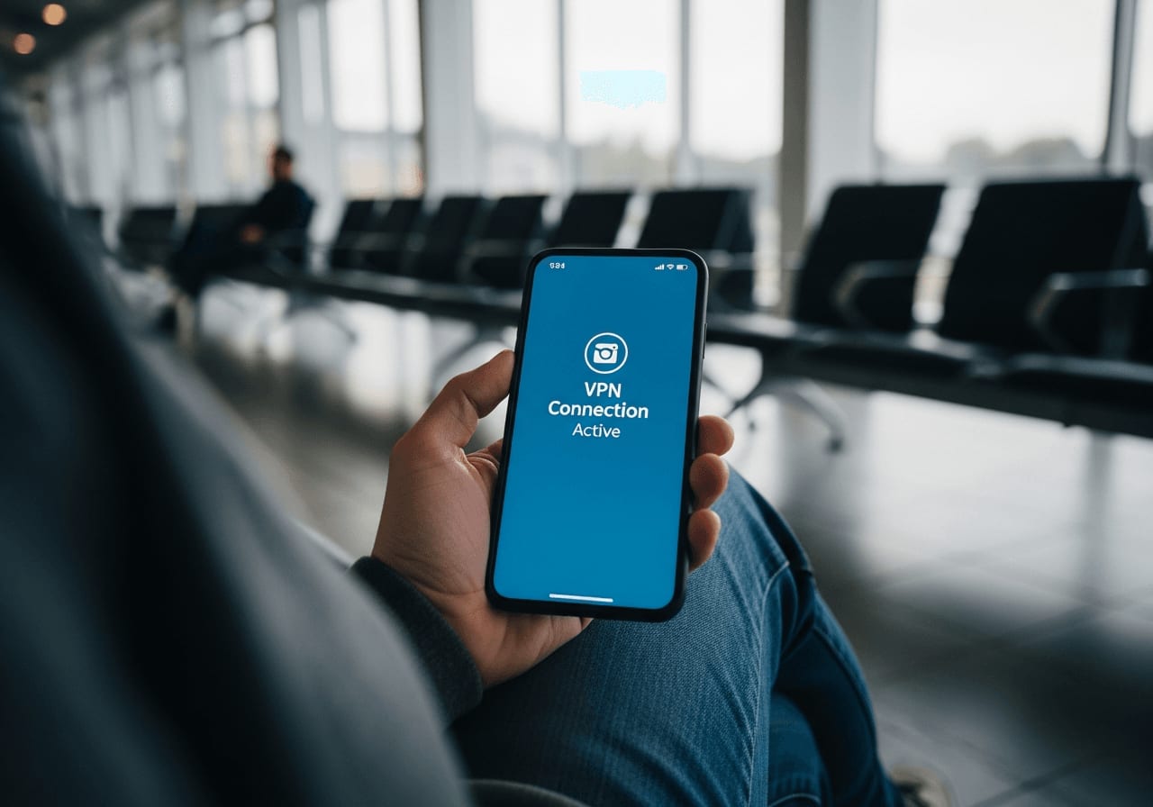 WireGuard VPN-Verbindung auf dem Smartphone an einem Flughafen für sicheren Fernzugriff auf das Heimnetzwerk.