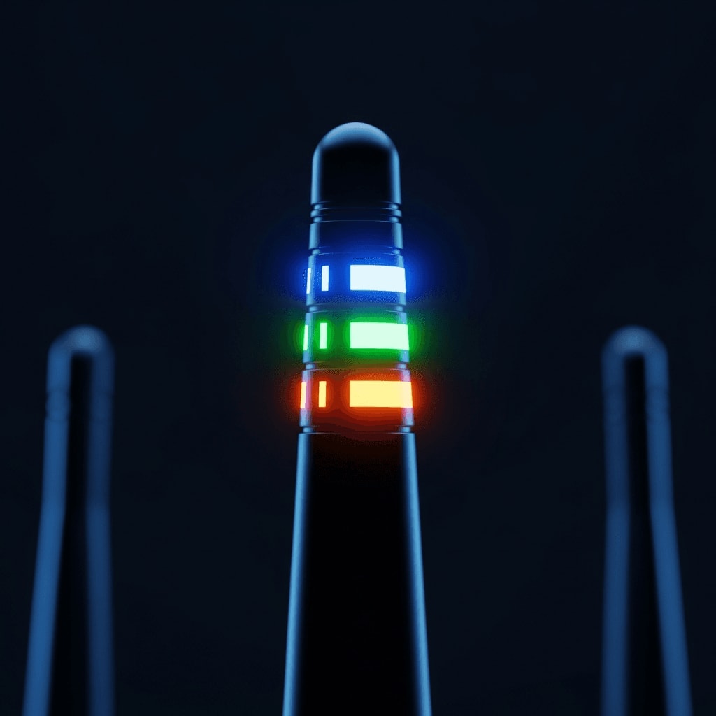 Nahaufnahme einer Router-Antenne mit leuchtenden Status-LEDs für ein verschlüsseltes WLAN-Gastnetz.