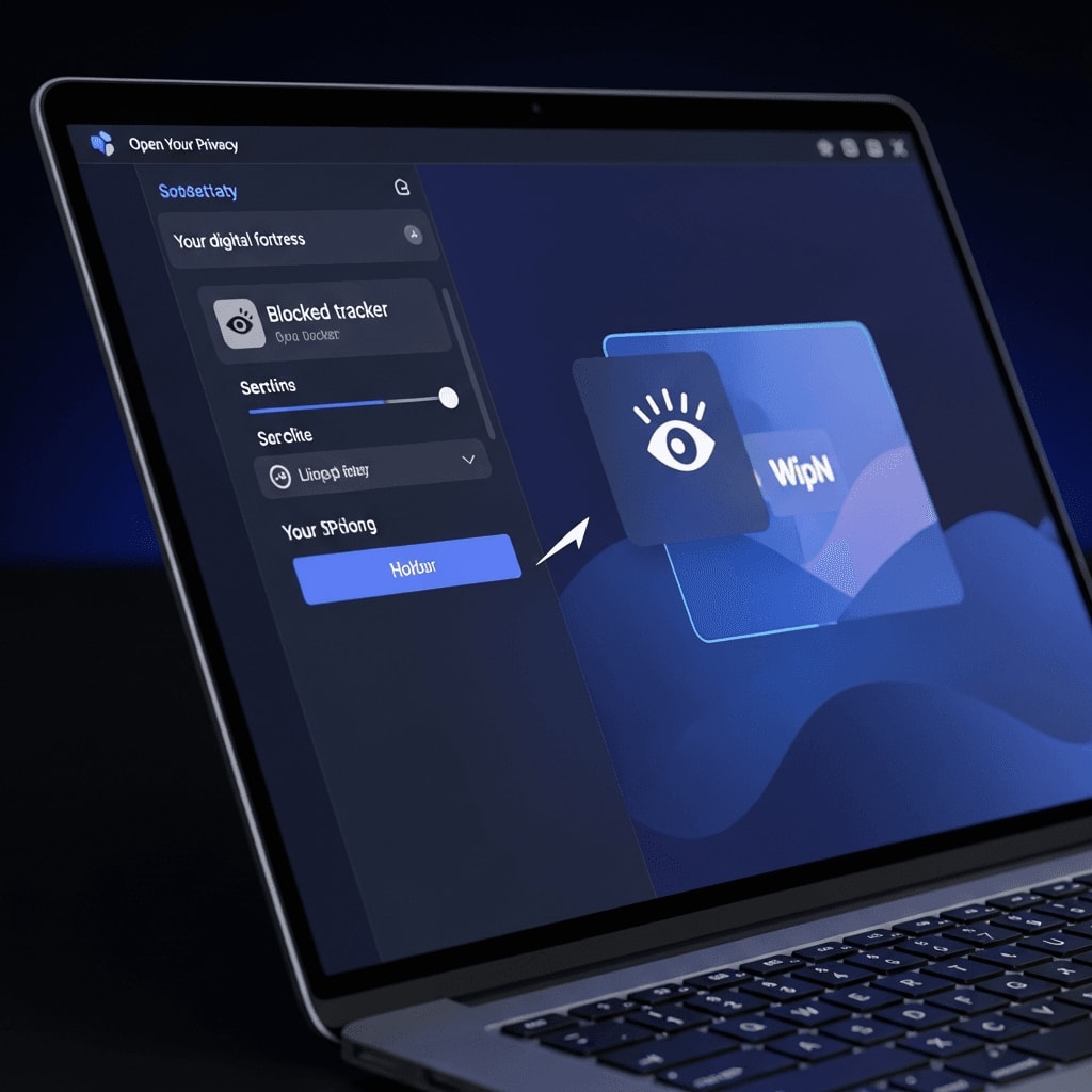 Laptop-Bildschirm mit DNS over TLS Privatsphäre-Einstellungen und blockierten Trackern im sicheren Heimnetz.