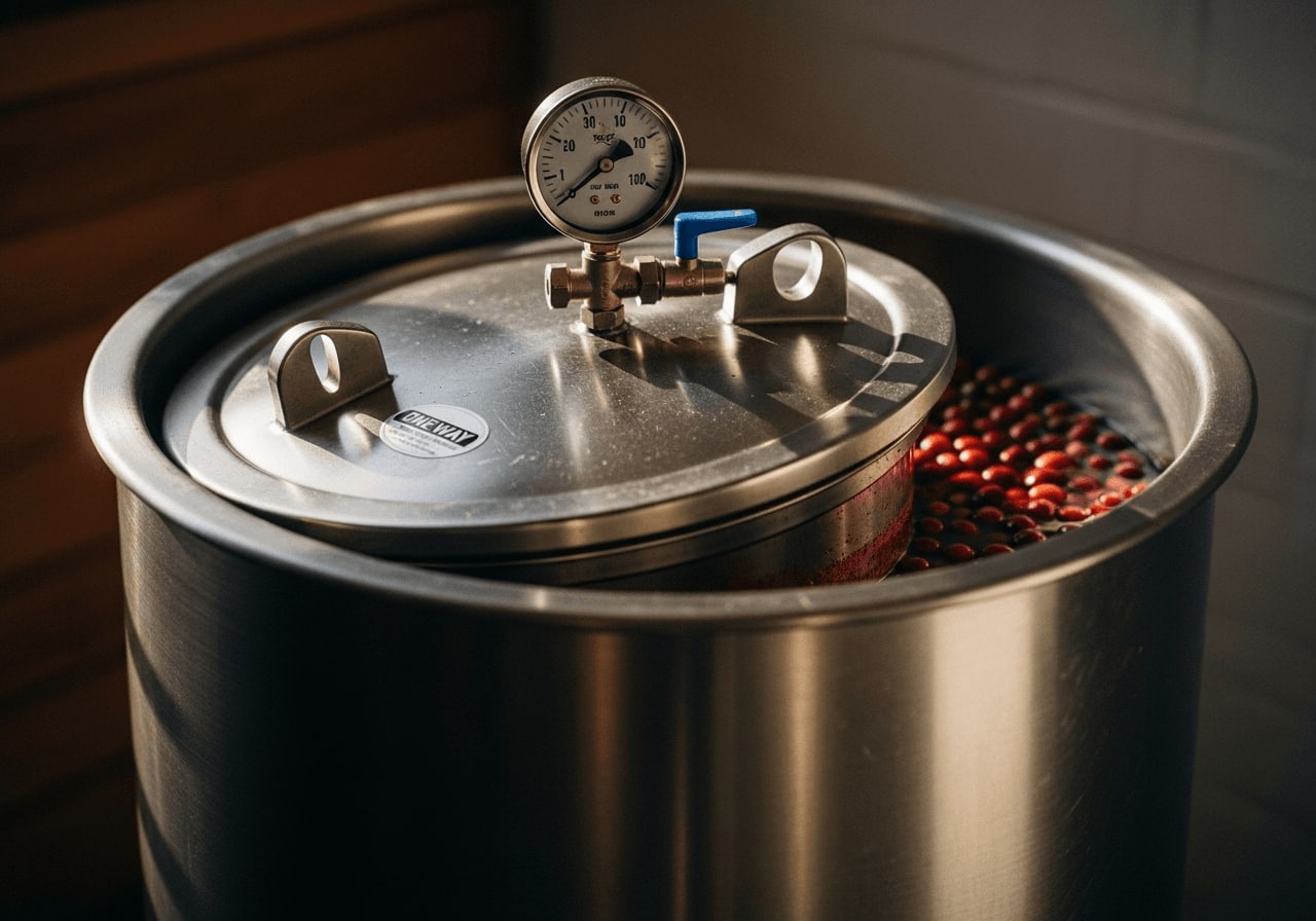 Anaerobe Fermentation bei Kaffee Aufbereitungsmethoden: Kaffeekirschen gären unter Sauerstoffausschluss in einem Edelstahltank.